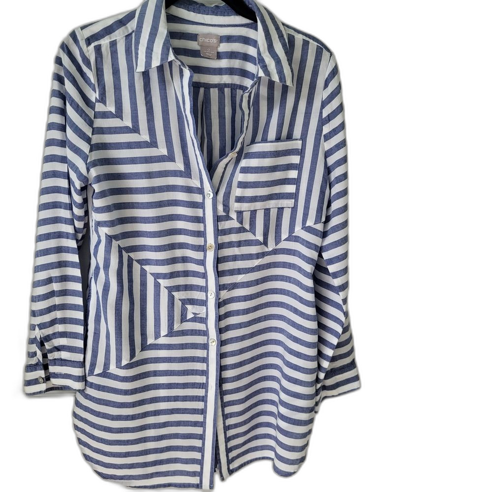 Chico's Blue and White Striped Button-Up Shirt with Pockets